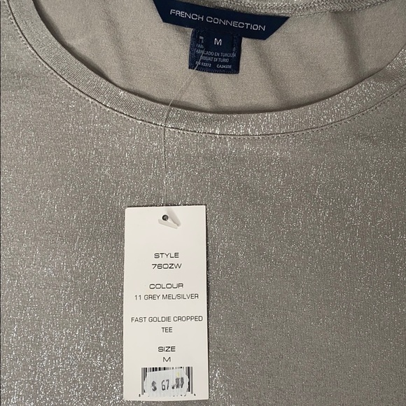 French Connection Metallic Grey Silver Cropped Tee - Picture 3 of 3